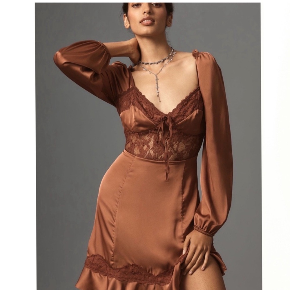 Anthropologie Copper Satin Lace Mini Dress Size Small S